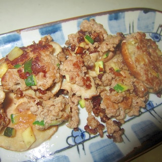 椎茸と牛豚挽肉とズッキーニの味醂醤油グリル